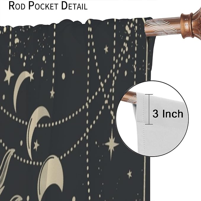 Golden Sun Moon Phases Stars Blackout Curtains, Cosmic Galaxy Bohemian Print Window Drapes, for Bedroom Living Room 42" W X 54" L