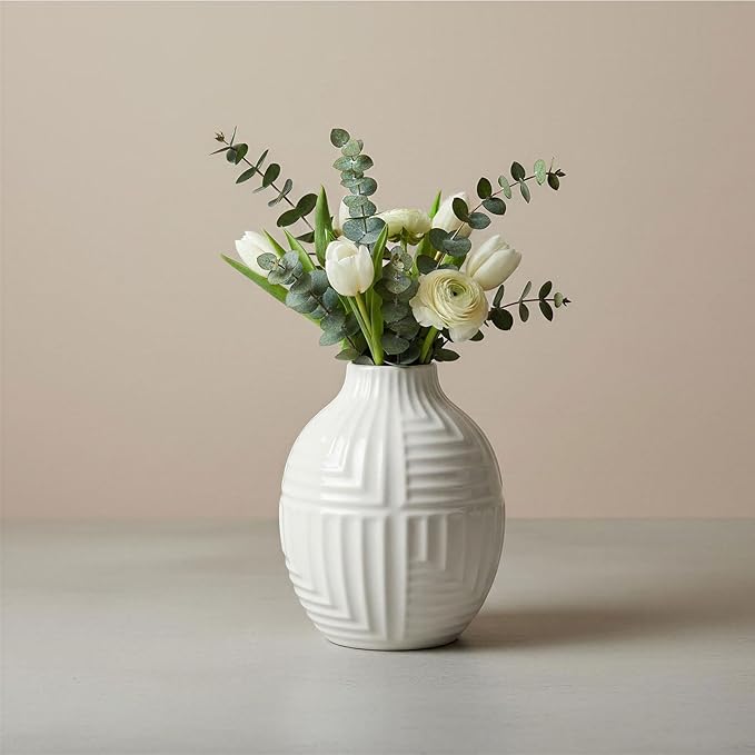 hjn Hand-Glazed White Ceramic Vase - 5.7" H Modern Decorative Centerpiece Vase for Fresh/Dried Flowers, Home Decor for Living Room Bookshelf Mantel | Wedding Housewarming Gift