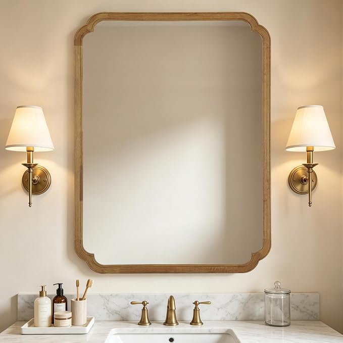 WallBeyond 36" x 48" Wood Bathroom Mirror for Wall Mounted, Rustic Rounded Corner Wood Frame Wall Mirror for Entryway, Living Room or Bedroom Home Decorative, Natural