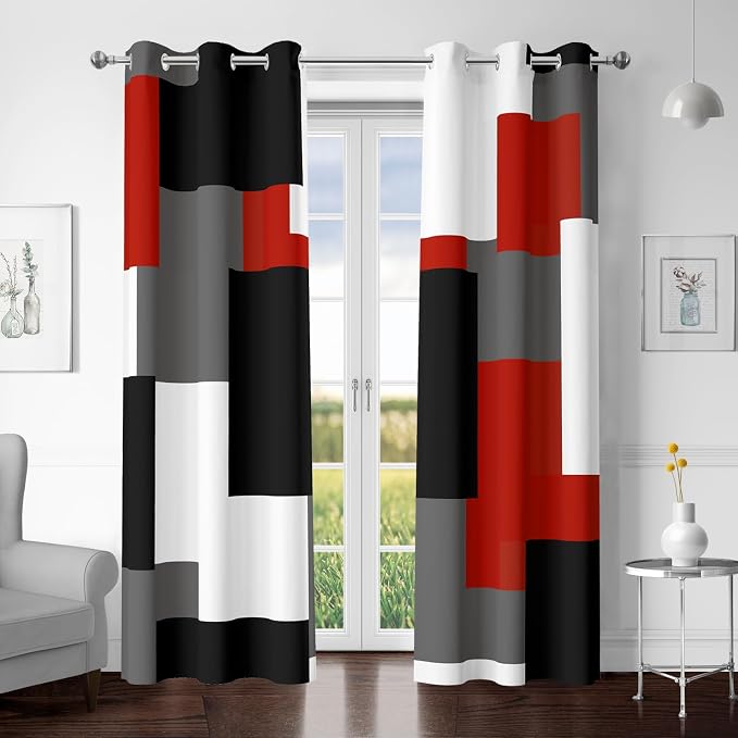 Tyrot Red Black 100% Blackout Curtains for Bedroom 96 inch Length 2 Panels Set White Grey Modern Abstract Geometric Black Out Curtains Insulated Room Darkening Window Drapes for Living Room, 42Wx96L