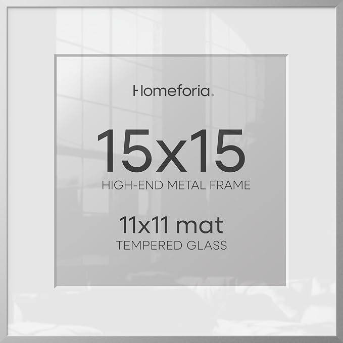 Homeforia 15x15 Picture Frame Silver, High End Metal 15 x 15 Square Frame with Mat 11 x 11 Photo, 15x15 Poster Frames Matted to 11x11 Print, 15 by 15 Hanging Frames, Tempered Glass, Wall Kit, Set of 1