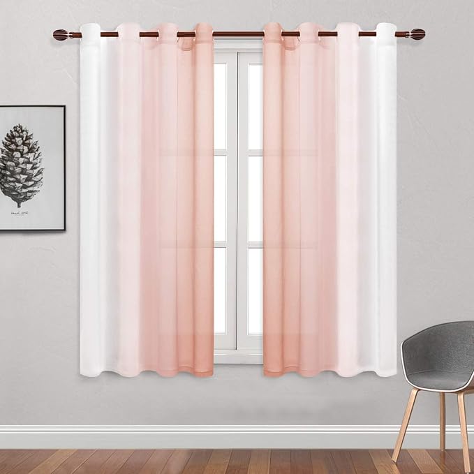 DWCN Blush Pink Faux Linen Ombre Sheer Curtains - Gradient Semi Voile Curtains for Girls Bedroom and Nursery, Set of 2 Grommet Top Window Curtain Panels, 52 x 72 Inches Long