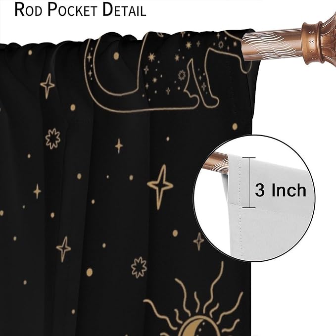 Sun Moon Cat Blackout Curtains, Golden Starry Cats Mystery Stars Sun Moon Magic Sky Window Treatment Drapes for Bedroom Living Room 63" W X 72" L