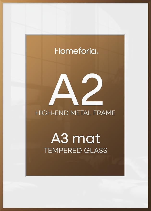 Homeforia A2 Picture Frame Bronze, High End Metal 16.5 x 23.4 inch Poster Frames with Mat 11.7 by 16.5 Photo, A2 Size Brass Frames Matted to A3 Print, 16.5x23.4 Hanging Frame, Tempered Glass, Set of 1