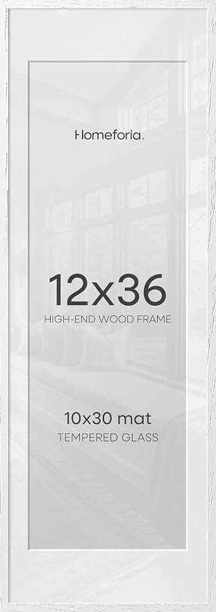 Homeforia 12x36 White Picture Frame, High End Oak 12x36 Wood Poster Frames with Mat 10x30 Art, 12 x 36 White Wooden Frames Matted to 10 by 30, 36x12 Panoramic Frame, Tempered Glass, Wall Kit, Set of 1