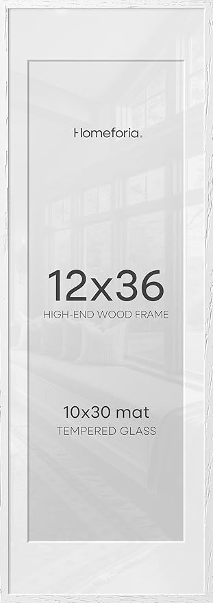 Homeforia 12x36 White Picture Frame, High End Oak 12x36 Wood Poster Frames with Mat 10x30 Art, 12 x 36 White Wooden Frames Matted to 10 by 30, 36x12 Panoramic Frame, Tempered Glass, Wall Kit, Set of 2