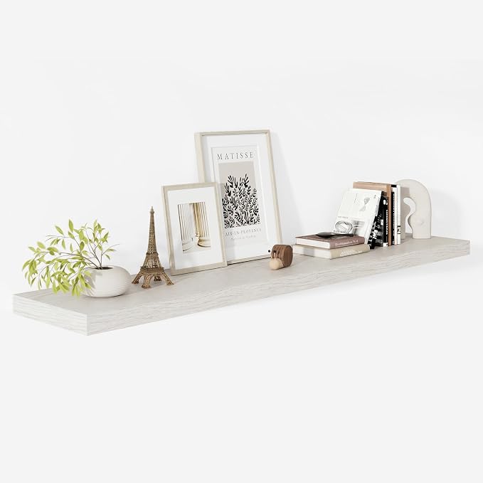 Vivelove 12" Deep Floating Shelves with Invisible Brackets, 60" Wall Shelves for Bathroom Bedroom Kitchen Living Room Laundry Room, Modern Rustic Shelves for Home, 60"x12"x2", Set of 1, White Birch