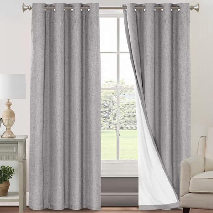 PrinceDeco 100% Blackout Curtains 90 inches Long for Bedroom Dining Room Soundproof Window Treatment Drapes with White Liner Noise Reducing Linen 90 Inch Blackout Curtains，Light Grey，52 x 90 Inch