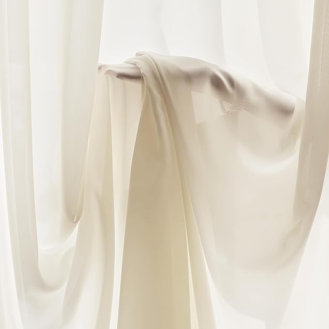 FMFUNCTEX Sheer Non-See-Through Butter Cream Curtains for Bedroom, Faux Silk That Let Light Curtains 96 inches Long Light Filtering Privacy Sheer Window Drapes for Living Room, Rod Pocket 2 Panels Set