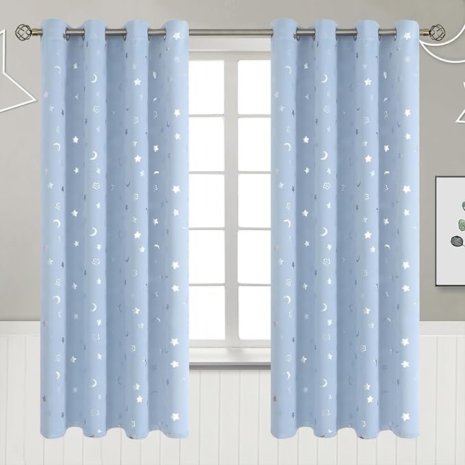 BGment Kids Curtains for Bedroom 72 Inch Length, Nursery Star and Moon Blackout Curtains for Boys, Decoration Thermal Insulated Room Darkening Window Curtains for Girls Babys, Spa Blue, 52 Wide