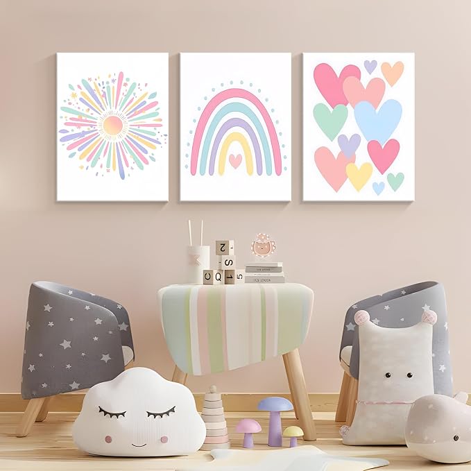 3 Piece Toddler Girl Room Decor Rainbow Decor for Girls Bedroom 16x24 Inch | Colorful Boho Sunshine Paintings for Nursery Decor, Kids Room Wall Decor, Classroom Decoration