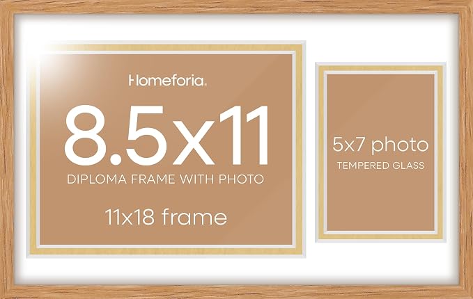 Homeforia 11x18 Diploma Frame with Photo, High End Natural Oak 11 x 18 Certificate Wood Frames with Mat 8.5x11 Diploma and 5x7 Picture, 18x11 Wooden Document Frames, Tempered Glass, Wall Kit, Set of 1