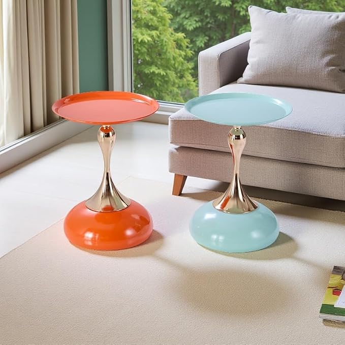 2-Pack Sleek Hourglass Side Table (Light Green & Hermes Orange) - Modern Stylish Accent Table with Glossy Finish & Metallic Detail - Ideal Decor for Living Room, Bedroom & Home Spaces