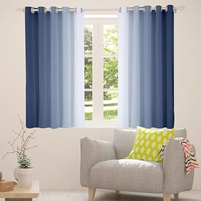 jejeloiu (2 Panels, 52 x 63 Inch Navy Blue and White Darkening Drapes Gradient Style Curtains for Bedroom for Kids Women Men Ombre Printed Blackout Curtains Geometric Window Treatments