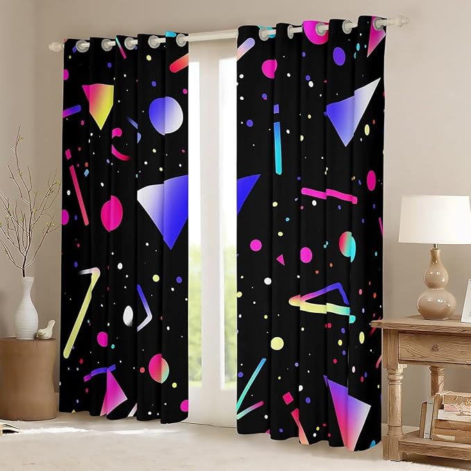 Feelyou 80s 90s Memphis Curtains for Bedroom Memphis Geometric Blackout Curtainsative Retro Fashion Style Darkening Dreapes Colorful Abstract Black Window Treatments (2 Panels, 38 x 54 Inch)