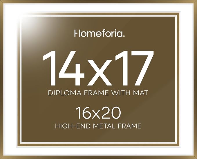 Homeforia 16x20 Diploma Frame Bronze, High End Metal 16 x 20 Certificate Frame with Mat for 14 by 17, 20x16 Document Frame Matted to 14x17, Graduation Degree Frames, Tempered Glass, Wall Kit, Set of 1