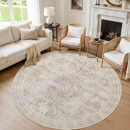 Round Area Rug for Living Room: 6ft Vintage Boho Neutral Washable Circle Rug Soft Large Circular Carpet for Bedroom Nursery Farmhouse Dining Room Office Floor Non-Slip Low Pile Under Table Rug Brown