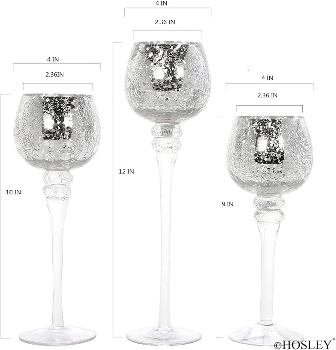 Hosley Set of 3 Metallic Crackle Glass Tealight Holders – 12", 10", 9" Elegant Home Decor, Ambient Lighting, Stylish Centerpieces & Gift Idea