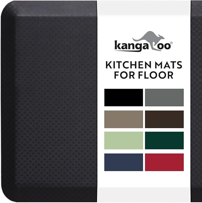 KANGAROO Anti Fatigue Mats for Kitchen Floor, 48x20, Reduce Foot, Knee, Back Pressure, 3/4 Inch Thick Cushioned Ergonomic Mat, Waterproof Comfort Rug for Under Sink, Standing Desk, Store Floors, Black