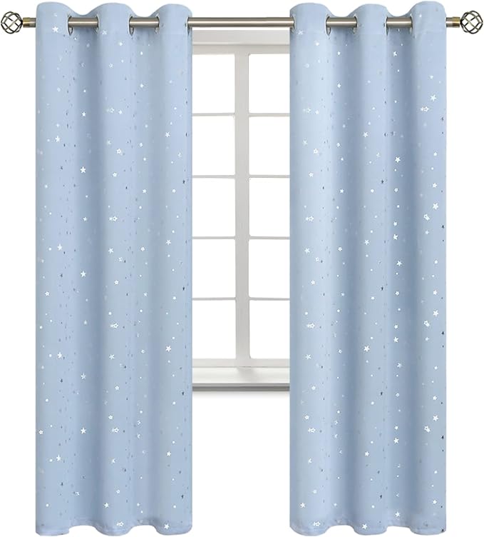 BGment Star Room Darkening Curtains for Kids Bedroom - Grommet Thermal Insulated Silver Star Print Kids Curtains for Living Room, Set of 2 Panels, Baby Blue, 42 x 84 Inch