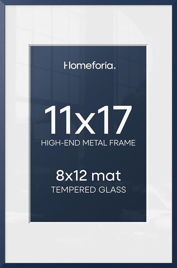 Homeforia 11x17 Picture Frame Navy Blue, High End Metal 11x17 Poster Frames with Mat 8x12 Photo, 11 x 17 Navy Blue Frames Matted to 8 by 12 Print, 17x11 Thin Frames, Tempered Glass, Wall Kit, Set of 2