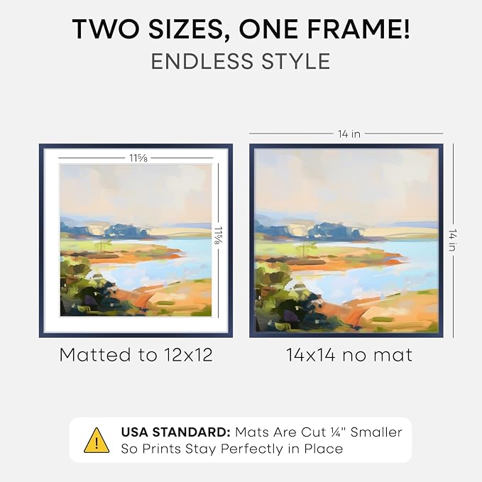 Homeforia 14x14 Picture Frame Navy Blue, High End Metal 14 x 14 Square Poster Frame with Mat 12 x 12 Photo, 14x14 Frame Matted to 12x12 Print, 14by14 Hanging Frames, Tempered Glass, Wall Kit, Set of 1