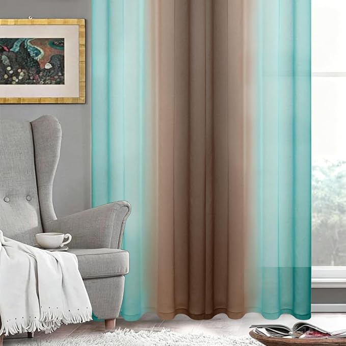 DWCN Ombre Sheer Curtains - Faux Linen Semi Voile Grommet Top Gradient Curtains for Bedroom and Living Room, Set of 2 Window Curtain Panels, 52 x 84 Inch Length（Teal and Chocolate Brown