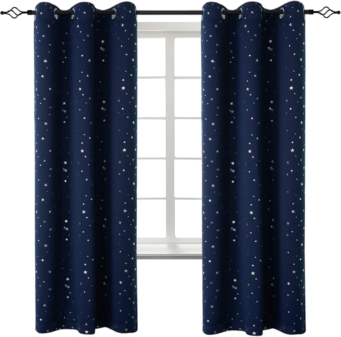 BGment Kids Blackout Curtains for Boys Bedroom - Grommet Thermal Insulated Silver Star Print Room Darkening Curtains for Living Room, Set of 2 Panels (42 x 72 Inch, Navy)