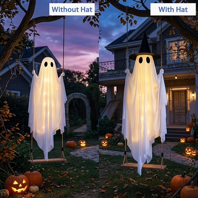 Halloween Hanging Swing Ghost Halloween Decor, Spooky Ghost Decor Outdoor | LED Lights & Remote Control, Timer Function, Waterproof, Solid Wood,With Witch Hat, Rope Adjustable
