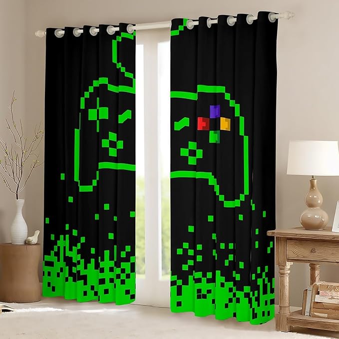 Video Games Window Curtain for Kids Boys Bedroom Decor,Miner Pixel Games 100% Blackout Window Treatment Curtain Teens Men Neon Green Block Building Curtains Modern Black Drapes 2 Panels,52Wx63L