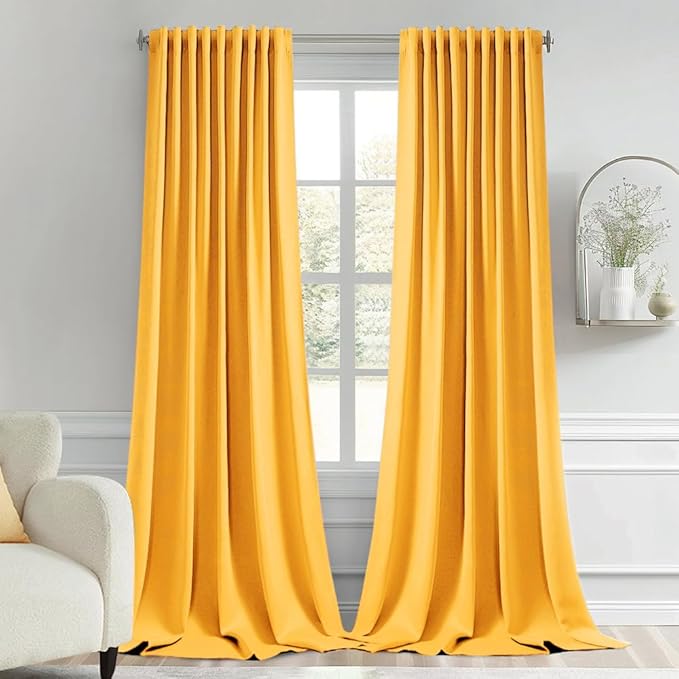 MIULEE Yellow Back Tab Blackout Curtain 96 Inch Long 2 Panels Set for Bedroom, Rod Pocket/Pinch Pleat Thermal Insulated Living Room Darkening Pleated Light Blocking Floor to Ceiling Drape