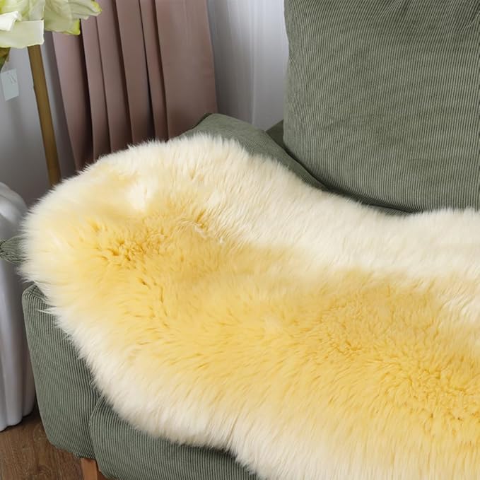 LLB Genuine Sheepskin Area Rug Wool Rug Fur Carpet Fluffy Shaggy Fur Rug for Living Room Kids Bedroom Real Sheepskin Throw Lambskin Rugs Sofa Mat Chair Seat Covers (Yellow, 2 x 6 ft Sheepskin)