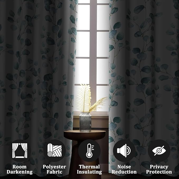 Renaiss Eucalyptus Leaf Curtains Green Eucalyptus Print Blackout Window Drapes for Bedroom Botanical Grommet Top Thermal Insulated Window Curtains for Living Room 53W x 63L 2 Panel Set
