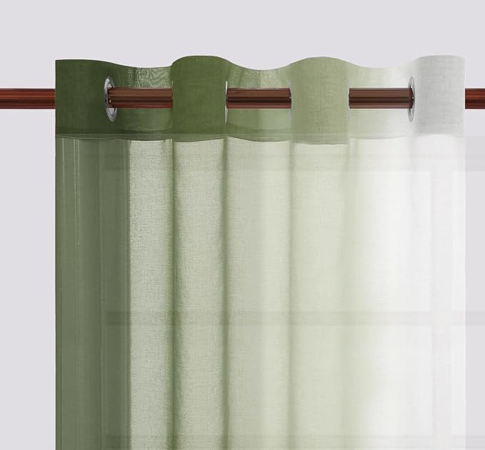 DWCN Ombre Short Sheer Curtains - Faux Linen Semi Voile Gradient Light-Filtering Bedroom and Living Room Curtains, Set of 2 Grommet Top Window Drape Panels, 52 x 45 Inch Length, Light Olive Green
