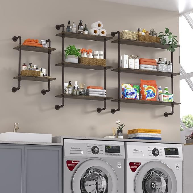 Helsin 3 Tier Industrial Pipe Shelf Rustic Wood Floating Shelves,Wall Display Bookshelf,Storage Rack Sundries Holder for Kitchen Office Bathroom Organization and Home Decor (24inch)