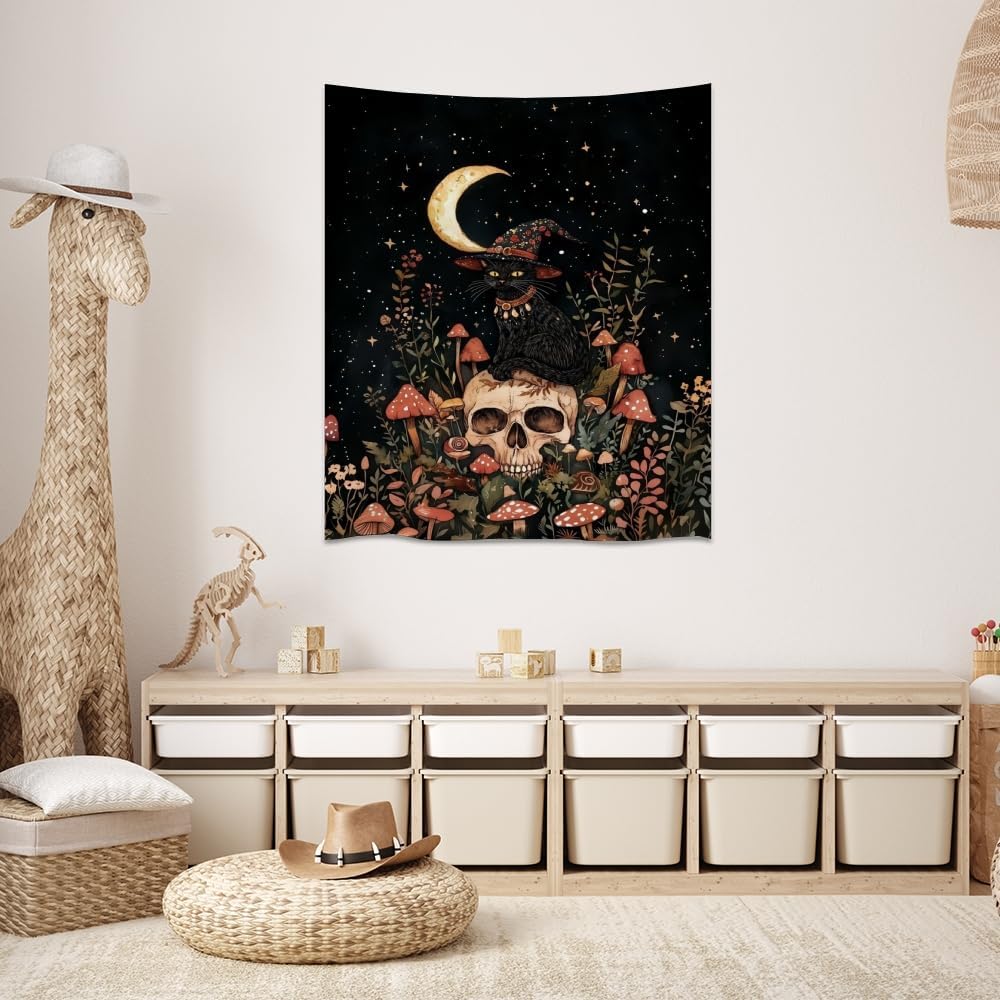 Halloween Witch Cat Tapestry Gothic Skull and Mushroom Artwork Print Spooky Halloween Witchy Wall Hanging Decor Black Cat Crescent Moon art Tapestries for Living Room Bedroom Decoration 30x40inch