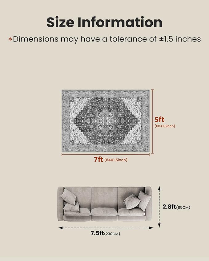 AMADA HOMEFURNISHING 5x7 Area Rugs, Washable Living Room Rug Low-Profile with Non-Slip Backing & Durable Edge Binding, Vintage 5x7 Rugs for Living Room, Bedroom, Dinning Room