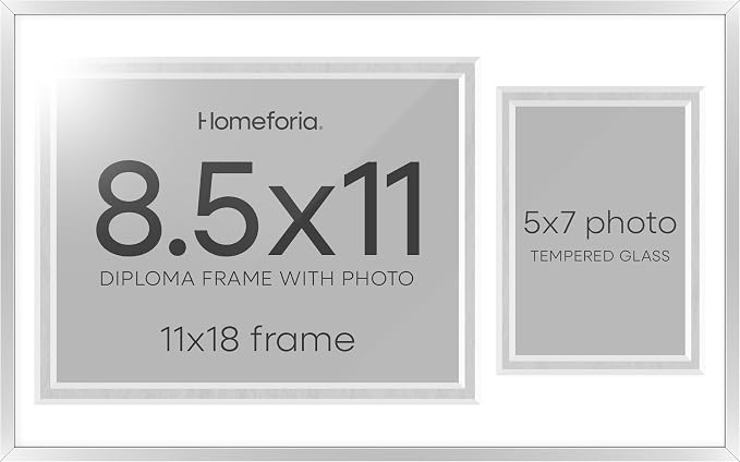 Homeforia 11x18 Silver Diploma Frame with Photo, High End Metal 11 x 18 Certificate Frame with Mat for 8.5x11 Diploma and 5x7 Picture, 18x11 Award Graduation Frames, Tempered Glass, Wall Kit, Set of 2