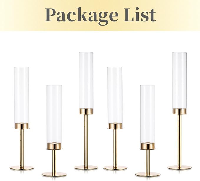 Hewory Gold Candle Holders Hurricane Candlestick Holders, 6Pcs Candle Stick Candle Holder Candelabra, Taper Candle Holders with Glass Candle Cover for Wedding Table Centerpiece Christmas Decor