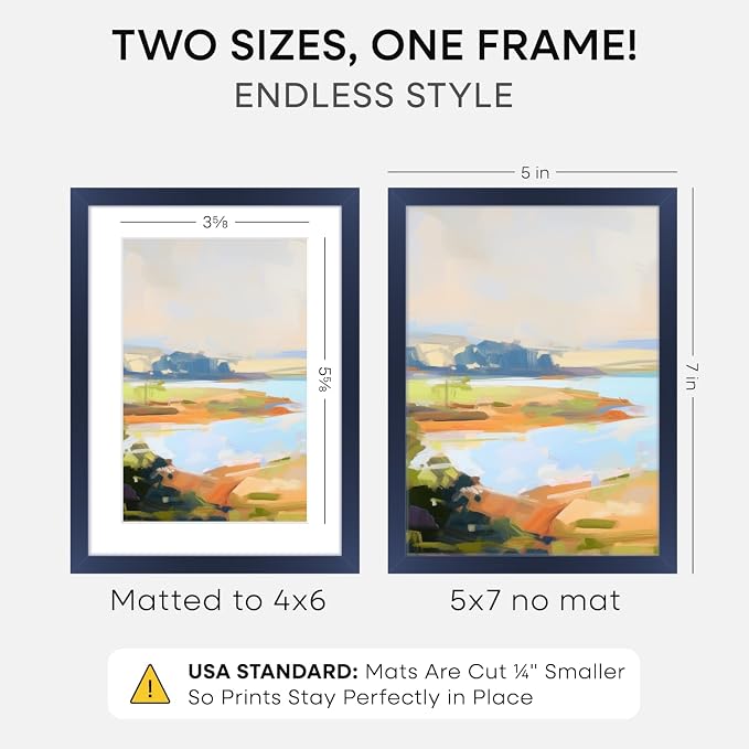 Homeforia 5x7 Picture Frame Navy Blue, High End Metal 5 x 7 Frames with Mat 4 x 6 for Print, 5by7 Desk Frame Matted to 4x6 inch Photo, 5 by 7 Wall or Tabletop Frame, Tempered Glass, Wall Kit, Set of 2