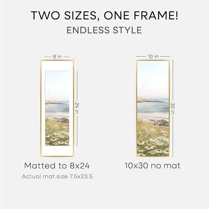 Homeforia 10x30 Picture Frame Gold, High End Metal 10x30 Poster Frames with Mat 8x24 inch Photo, 10 x 30 Gold Frames Matted to 8 by 24 Print, 30x10 Panoramic Frames, Tempered Glass, Wall Kit, Set of 3