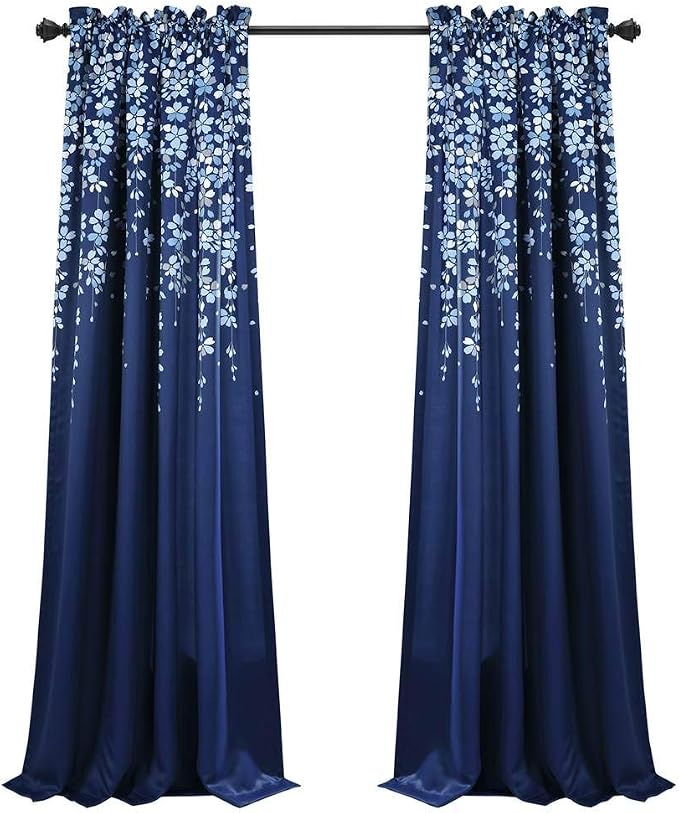 Lush Decor Weeping Flower Light Filtering Window Curtain Panels, Pair, 52"W x 95"L + 2" Header, Navy - Charming Modern Floral Curtains for Living Room, Dining Room, & Bedroom