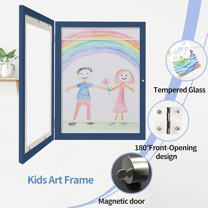 Kids Art Frames 8.5x11 - Front Opening Childrens Picture Frame Changeable, Wood Artwork Display Storage for Wall Mount, Magnetic Door Holds 50 Art Pieces for Drawings, 3D Picture, Crafts, Portfolio, Blue