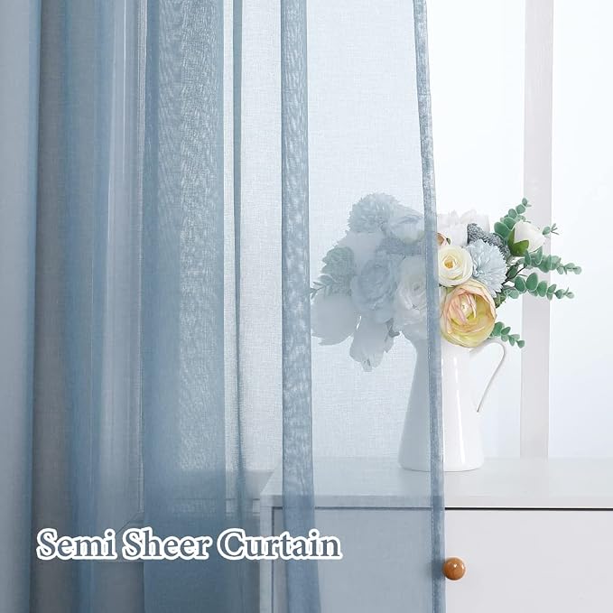 MIULEE 2 Panels Dusty Blue Semi Sheer Window Curtains Elegant Grommet Top Window Voile Drapes/Treatment Linen Textured Panels for Bedroom Living Room (54X96 Inches)
