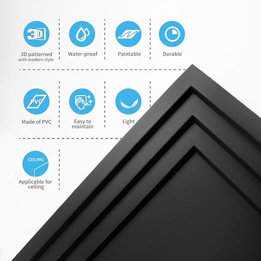 Art3d 12-Pack 2424 Inch PVC Waterproof Drop Ceiling Tiles for Home Décor - 2x2 ft 3D Modern Ceiling Panel for Suspended Grid, Black