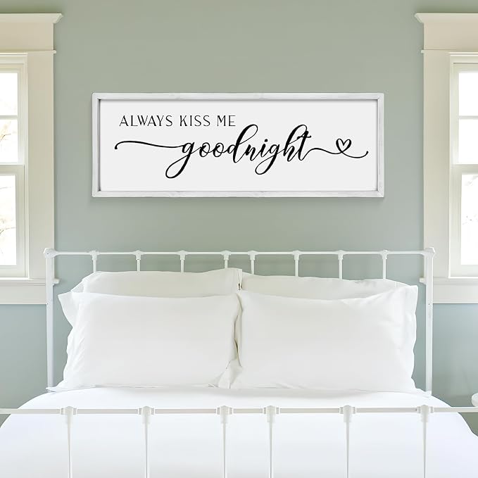 Always Kiss Me Goodnight Wall Sign 42''×15'' Large Above Bed Wall Decor Bedroom Sign Bedroom Decor with Solid Wood Framed, Couples Love Theme Wall Decor (White)