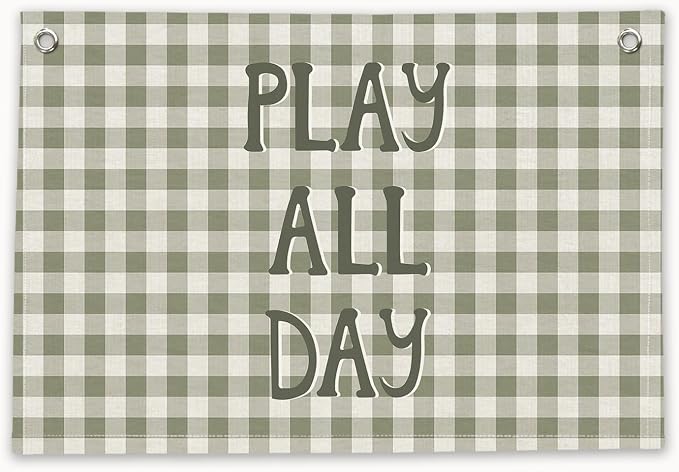RTXLEZM Kids Playroom Decor, Play All Day Canvas Banner Wall Hanging, Retro Boho Sage Green Plaid Wall Art Prints for Baby Toddler Boys Nursery Room Bedroom Playroom Decor, 20x30 Inch