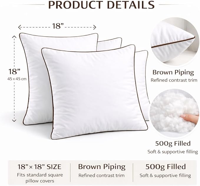 18 x 18 Inch Throw Pillow Inserts Set of 6 – Square White Cushion Forms with Brown Piping, 500g Filled for Decorative Pillow Covers