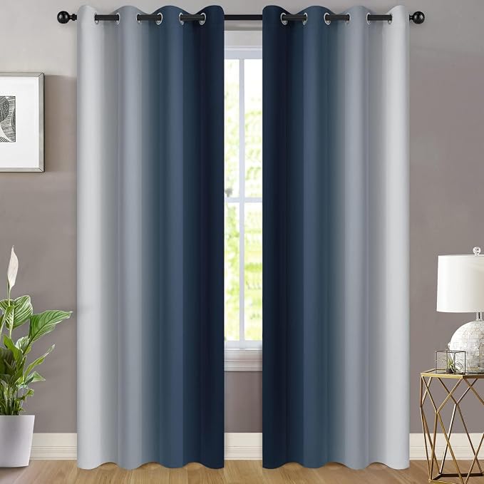 Yakamok Ombre Curtains Navy Blue and Greyish White for Living Room,52Wx90L | Room Darkening Curtains 90,Thermal Insulated Gradient Color Drape,Light Blocking Grommet Window Curtains for Bedroom,2 Panels