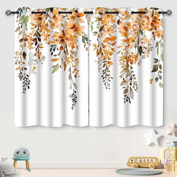 Orange Watercolor Floral Curtains, 52x63 inch, 2 Panels | Botanical Leaves Vine Flowers, Rustic Farmhouse Style, Blackout Window Treatment, For Bedroom Living Room